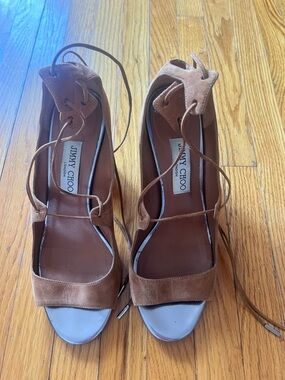 Jimmy Choo Tan Suede Lace-Up Heels